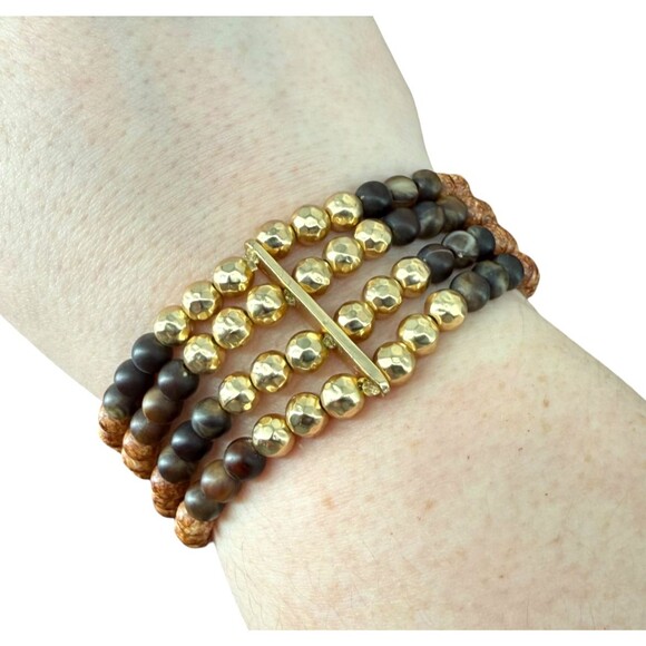 J. Jill Beaded Bracelet Stretch Wood Gold Tone Multi Strand Rustic Boho Earthy - Picture 7 of 10